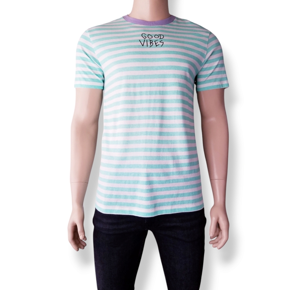 Mint Green & White Striped 'Good Vibes' Print T-Shirt Size Medium